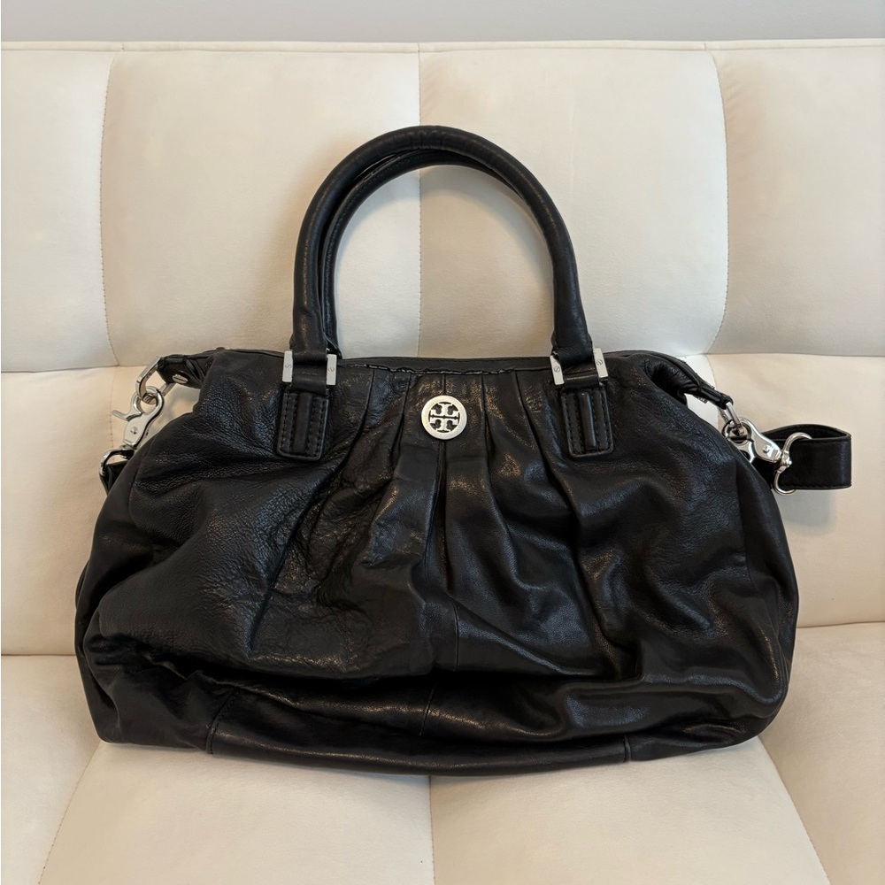 Tory Burch Black Leather Handbag Satchel with Silver Hardware Crossbody